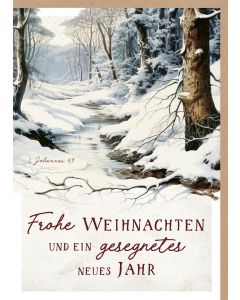 Faltkarte 'Frohe Weihnachten und ein gesegnetes neues Jahr' 1x  Motiv: Waldbach im Winter