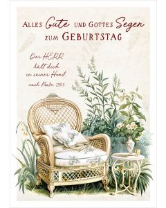 Postkarte 'Alles Gute und Gottes Segen zum Geburtstag'   12xMotiv: gemütlicher Sessel